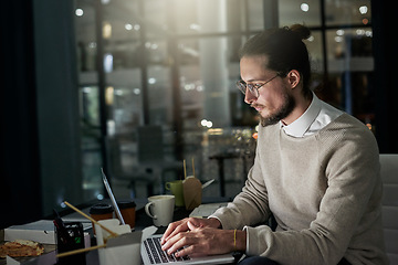 Image showing Night working, business man and computer typing of company employee in a office. Technology, web design project and digital planning of a worker busy on a website glitch fix in the dark writing code