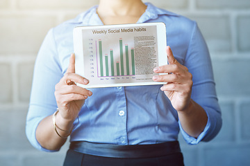 Image showing Social media chart, screen and hands with tablet for information, marketing and infographic results. Technology, networking and woman with digital tech for review, internet blogging and management