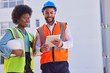 Image showing Engineering, tablet and teamwork with people on construction site for inspection, planning or project management. Architecture, buildings and designer with man and black woman in city for development