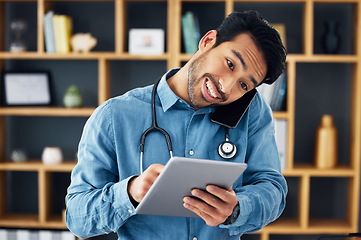 Image showing Phone call, tablet and telehealth by doctor using technology for medical communication or consulting online. Digital, smile and man healthcare professional typing and talking on mobile conversation