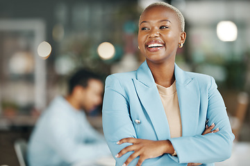 Image showing Happy, smile and arms crossed with black woman in office for leadership, management and development. Vision, inspiration and mission with female employee for growth, motivation and empowerment