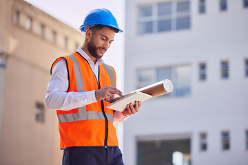 Image showing Tablet, outdoor and engineering man, construction worker or building contractor with urban design planning on software. Architecture, city and builder on digital technology with blueprint management