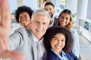 Image showing Teamwork, friends and selfie with business people in office for social media, diversity and support. Workforce, picture and community with portrait of employees for diversity, group and happiness