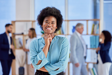 Image showing Portrait, mission and mindset with a business black woman in her office, standing on chin for future thinking. Face, vision and idea with a female employee looking confident in company success