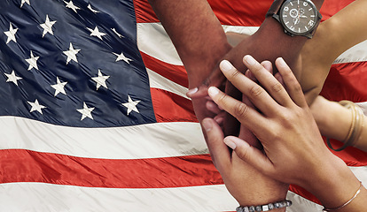 Image showing Teamwork, support and hands stacked on American flag for community together in collaboration for the country. Group, unity and closeup of international team meeting in trust, activism and victory