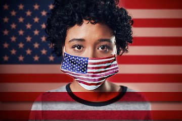 Image showing American, flag and face mask on woman activist proud and confident in her country during covid looking serious. Head, eyes and young female volunteer serious, focus and protection from corona