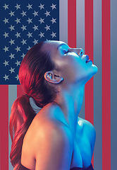 Image showing American, flag and background with woman beauty, self care and skincare isolated in USA empowerment theme. Activist, skin and young natural female volunteer or wellness model closed eyes