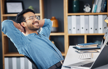 Image showing Business man, smile and stretching to relax from easy project, complete achievement and happiness in office. Happy worker, hands behind head and finish tasks, rest and break for productivity at desk