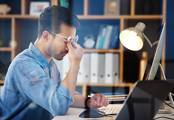 Image showing Eye pain, headache and stress of business man in anxiety, mental health problem and 404 computer crisis. Tired, frustrated and fatigue of male, glasses and depression of burnout, overtime and mistake