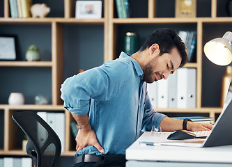 Image showing Back pain, business man and office stress of muscle injury, health risk and backache on desk chair. Uncomfortable worker, spine problem and posture of body, scoliosis and fatigue of corporate burnout