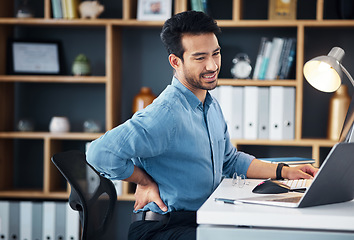 Image showing Back pain, man and stress at office desk of muscle injury, health risk and backache joint on chair. Uncomfortable worker, spine problem and posture of body, scoliosis and fatigue of corporate burnout