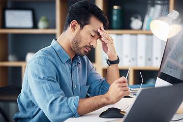 Image showing Burnout, headache and tired business man in anxiety, mental health problem and bankruptcy crisis. Sad, frustrated and stressed male with fatigue, depression and risk of debt, disaster and tax mistake