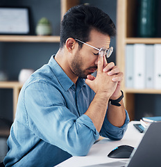 Image showing Eyes, pain and headache of business man in anxiety, mental health problem and bankruptcy crisis. Tired, frustrated and stressed male, glasses and fail of fatigue, burnout or depression of tax mistake