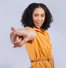 Image showing Hand, pointing and black woman in studio with you, choosing or decision against grey background. Happy, girl and finger emoji for direction, order or sign, symbol and gesture while posing isolated