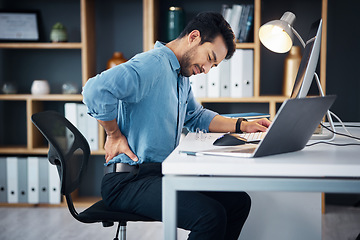 Image showing Back pain, man and stress of desk worker, muscle injury and health risk on chair. Uncomfortable worker, spine problem and posture of body, scoliosis and fatigue of backache, burnout and fibromyalgia