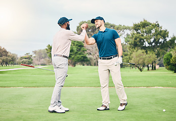 Image showing Friends, men and shaking hands on golf course for sports, trust or partnership on grass field together. Golfing, collaboration and happy people handshake for good match, game or competition outdoors.