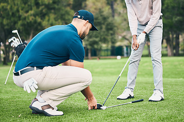 Image showing Teaching, golf lesson and sports coach help man with swing, driver or stroke outdoor. Coaching, course and club support of athlete men ready to start golfing exercise, workout and training for game.