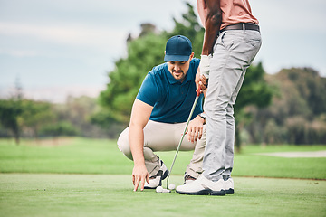Image showing Teaching, golf lesson and sports coach help man with swing, putter and stroke outdoor. Golfing, green course and club support of a golfer athlete ready for exercise, fitness and training for a game.