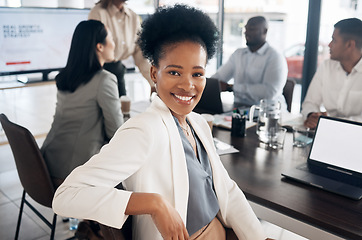 Image showing Black woman in portrait in office meeting with business mindset for online career planning on laptop screen mockup. Face of professional person or employee on computer in job conference or workshop