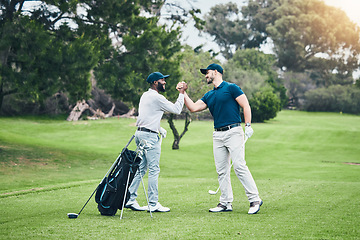 Image showing Golf, friends and sport with men on course playing for training, games and challenge. Tournament, handshake and support with players and congrats on lawn field for competition, hobby and practice