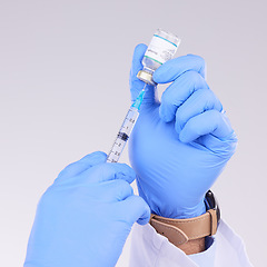 Image showing Hands, vaccine and healthcare with a doctor in studio on a gray background holding monkeypox treatment. Medical, innovation and insurance with a medicine professional ready to administer a cure