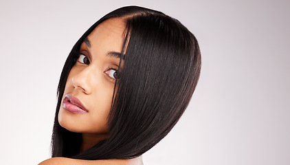 Image showing Beauty, hairstyle and portrait of woman in studio for keratin treatment, shampoo and self care. Salon, texture and natural with model on white background for straight hair, satisfaction and results