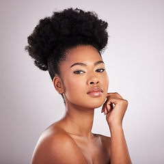 Image showing Skincare, beauty and portrait black woman with confidence, white background and cosmetics product. Health, dermatology and natural makeup, African model in studio for healthy skin care and wellness.