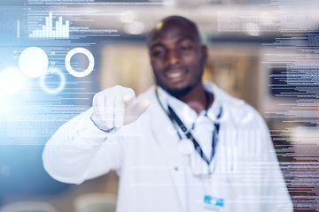 Image showing Overlay, database and healthcare with a doctor black man touching a 3d or ai hologram interface for research and innovation. Digital, technology and medical with a medicine professional in a hospital