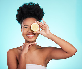 Image showing Lemon, skincare and portrait of black woman in studio smile for wellness, natural cosmetics and facial. Dermatology spa, beauty and face of girl with citrus fruit for detox, vitamin c and nutrition