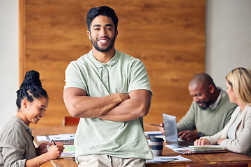 Image showing Portrait, business and man with arms crossed, success or professional with staff, planning or new project. Face, male leader or entrepreneur with smile, leadership skills or teamwork for advertising