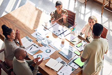 Image showing Presentation, clapping and business people in meeting success, green screen and celebration for winning. Employees applause for digital marketing proposal, growth and achievement with startup above