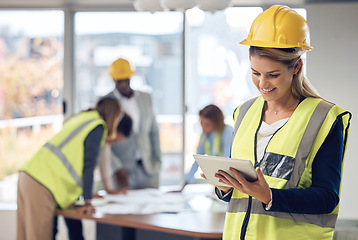 Image showing Architecture, tablet and woman with project management, software design and planning in office for blueprint. Construction worker, contractor or engineering person on digital tech for floor plan idea