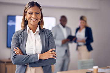 Image showing Proud portrait of business woman in office meeting with mindset for employees engagement, leadership and management. Face of happy corporate or professional Indian person or worker with job integrity