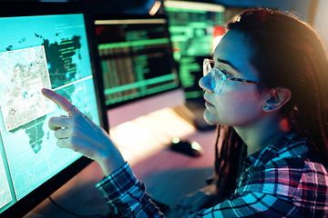 Image showing Woman, computer screen and hacker with software, data programming or cybersecurity. Developer, it coder and female reading map for hacking, location or phishing, malware and dark web at night in home