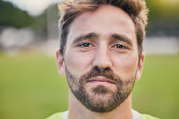 Image showing Rugby, field and portrait of man with serious expression, confidence and pride in winning game. Fitness, sports and zoom on face of player ready for match, workout or competition on grass at stadium.