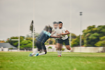 Image showing Rugby people running fast on field for competition, game or match strategy, energy and focus for team goals. Speed of sports men or athlete on pitch for gaming event outdoor in action or motion blur