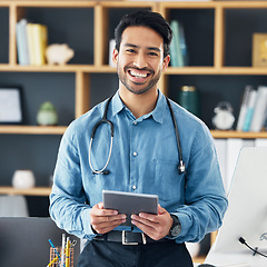 Image showing Happy, tablet and portrait of GP smile in medical office holding device for internet, online and web connection. Digital, contact us and man healthcare professional browsing the web or an app