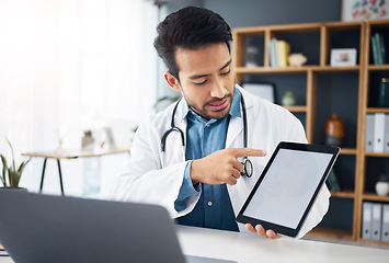 Image showing Mockup, explaining and a doctor on a video call with a tablet for results, healthcare support and advice. Talking, consulting and an Asian gp with a blank screen tech for a telehealth webinar