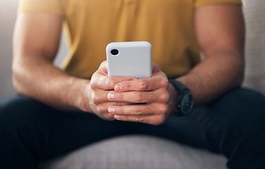 Image showing Closeup, hands and man with smartphone, typing and connection for communication, search website and online reading. Zoom, hand or male with cellphone, mobile app or network signal for message or text