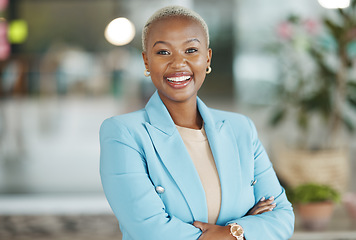 Image showing Office portrait, leader and happy black woman, business manager or employee smile for startup company success. Management, corporate person and African female, bank admin or professional consultant