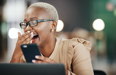 Image showing Black woman laughing, phone and reading online post, social media or internet meme in office, workplace and night bokeh. Happy person with funny video, chat or networking on smartphone or cellphone