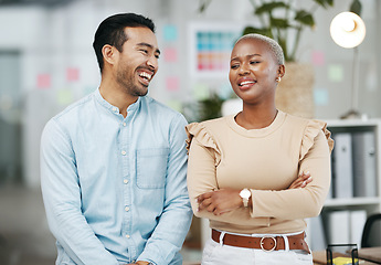 Image showing Laughing, startup and creative people in office planning, talking and collaboration for teamwork or company goals. Happy diversity staff, employees or black woman with partner discussion in workplace