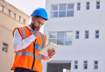 Image showing Tablet, thinking and engineering man, construction worker or building contractor contemplating or ideas for urban design. Architecture, city planning and builder inspection on digital technology app