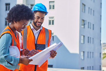 Image showing Architecture, blueprint and teamwork with people on construction site for inspection, development or project management. Engineering, buildings and designer with man and black woman for floor plan