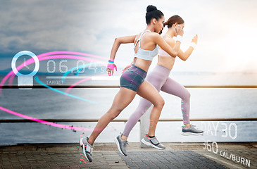 Image showing Fitness, women and running with futuristic hologram, training and exercise for wellness, track progress and promenade. Female runners, friends or ladies workout, holographic information or practice