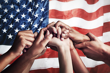 Image showing Collaboration, unity and hands holding on American flag for community together in teamwork for the country. Group, support and closeup of international team meeting in trust, activism and victory