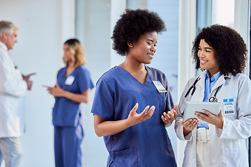 Image showing Doctors, nurse and teamwork on tablet for hospital management, data analysis and research support. Clinic results, workflow planning and professional healthcare people, women or medical staff talking