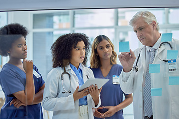 Image showing Planning, training and doctors or people on glass board for workflow strategy, hospital management and internship. Medical students or women, healthcare mentor and clinic job priority on sticky note