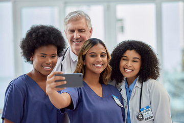 Image showing Selfie of doctors, nurses or healthcare group of people for social media update or hospital teamwork. Diversity women and internship manager smile in profile picture in career post, team or website