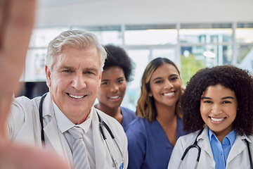 Image showing Selfie portrait of doctors, nurses or healthcare group of people for social media or medical teamwork. Face of diversity women and internship boss smile in profile picture for career post or memory